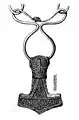 Drawing of a 4.6 cm gold-plated silver Mjölnir pendant found at Bredsätra on Öland, Sweden