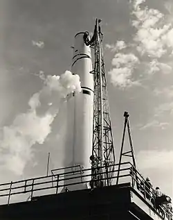 A Thor missile ready to launch, with its nuclear warhead replaced by a communications satellite payload