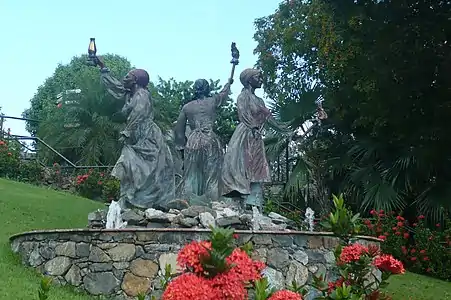 The Three Queens Fountain at Blackbeard's honors the 1878 Fireburn rebellion organizers: Queens Mary, Agnes, and Mathilda