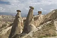 The 'Three beauties' fairy chimneys, thought to be named after to Hera, Athena and Aphrodite, located in Ürgüp