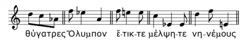 A selection of five words from Greek music showing the fall after an acute accent