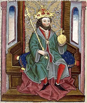 Chronica Hungarorum, Thuróczy chronicle, King Samuel Aba of Hungary, throne, crown, orb, scepter, medieval, Hungarian chronicle, book, illustration, history