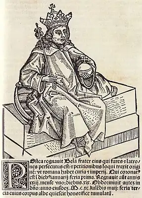 Chronica Hungarorum, Thuróczy chronicle, King Béla III of Hungary, throne, crown, orb, scepter, medieval, Hungarian chronicle, book, illustration, history