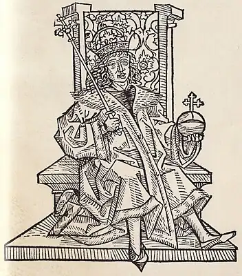 Chronica Hungarorum, Thuróczy chronicle, King Stephen III of Hungary, throne, crown, orb, scepter, medieval, Hungarian chronicle, book, illustration, history