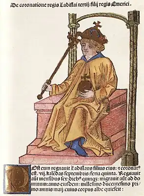 Chronica Hungarorum, Thuróczy chronicle, King Ladislaus III of Hungary, throne, crown, orb, scepter, medieval, Hungarian chronicle, book, illustration, history