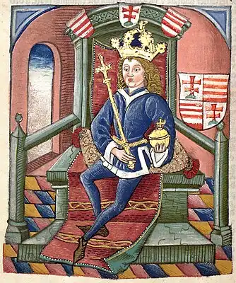 Chronica Hungarorum, Thuróczy chronicle, King Louis I of Hungary, King Louis the Great of Hungary, throne, crown, orb, scepter, double cross, Árpád stripes, Hungarian coat of arms, medieval, Hungarian chronicle, book, illustration, history