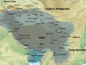 Map of the Tibetan Empire's influence at its greatest extent, in the late 8th to mid-9th century