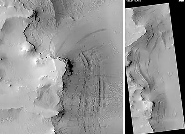 Tikhonravov Basin Streaks and layers, as seen by HiRISE.  Scale bar is 500 meters long.