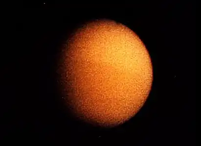 An improved image of Titan by Voyager 1, taken on November 11, 1980, during a targeted flyby from a distance of 4,000 kilometres or 2,500 miles.