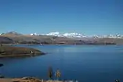 The Cordillera Real as seen from Lake Titicaca with Chearoco and Chachacomani in the center.