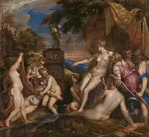 Painting of two groups of mostly nude women; on the right, the goddess Diana points accusingly at a woman in the left group who lies on the floor in a state of distress.