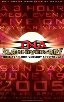 A poster with a gold logo saying "Slammiversary" and a red backdrop