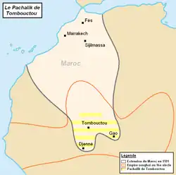 Map of the Pashalik of Timbuktu (striped) as part of Morocco, late 16th century.