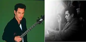 A collage of a man with a bass guitar against a green backdrop and a black-and-white image of a man smoking a cigarette