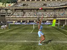 A screenshot of a player serving the ball in Top Spin.