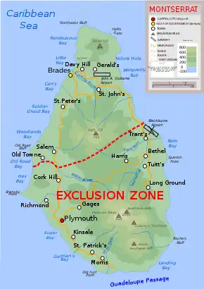 Topographic map of Montserrat showing the "exclusion zone" due to volcanic activity, and the new airport in the north. The roads and settlements in the exclusion zone have mostly been destroyed.