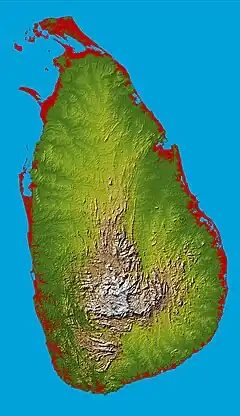 A roughly oval island with a mountainous centre