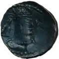 Bronze drachm of Toramana II wearing trident crown, late-phase Gandharan style. mid 6th century.