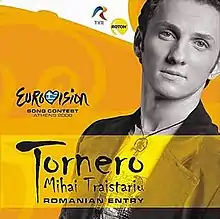 Shot of Trăistariu in front of a yellow-white background. Information on the song is superimposed on the rest of the artwork.