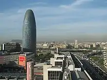 Torre Agbar and Plaça de les Glòries Catalanes, as seen from a nearby office building, 25 April 2008