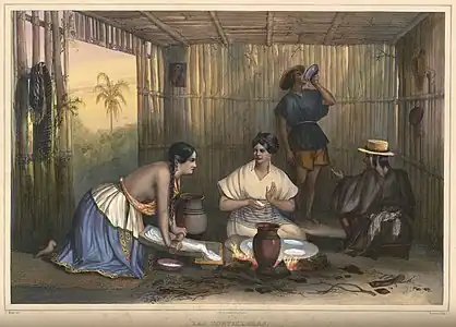 Las Tortilleras, an 1836 lithograph after a painting by Carl Nebel of women grinding corn and making tortillas.