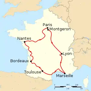 Map of France with the route of the 1904 Tour de France on it, showing that the race started Montgeron (close to Paris), went clockwise through France and ended in Paris after six stages.