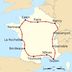 Map of France with the route of the 1905 Tour de France on it, showing that the race started in Paris, went clockwise through France and ended in Paris after eleven stages.