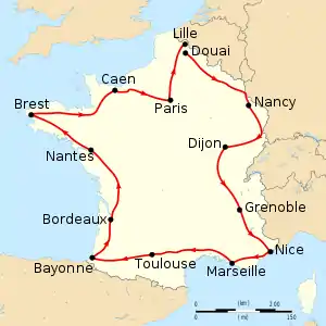 Map of France with the route of the 1906 Tour de France on it, showing that the race started in Paris, went clockwise through France and ended in Paris after thirteen stages.