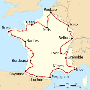 Map of France with the route of the 1910 Tour de France on it, showing that the race started in Paris, went clockwise through France and ended in Paris after fourteen stages.