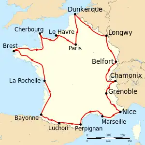 Map of France with the route of the 1912 Tour de France on it, showing that the race started in Paris, went clockwise through France and ended in Paris after fifteen stages.