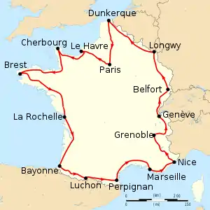 Map of France with the route of the 1914 Tour de France on it, showing that the race started in Paris, went clockwise through France and ended in Paris after fifteen stages.