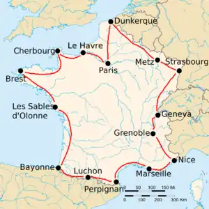 Map of France with 15 cities marked by black dots, connected by red lines. The route formed goes from Paris, counterclockwise along France's borders, back to Paris.