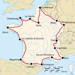 Map of France with 15 cities marked by black dots, connected by red lines. The route formed goes from Paris, counterclockwise along France's borders, back to Paris.