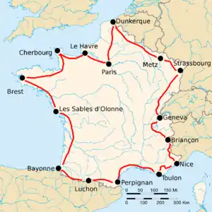 Route of the 1923 Tour de France followed counterclockwise, starting in Paris