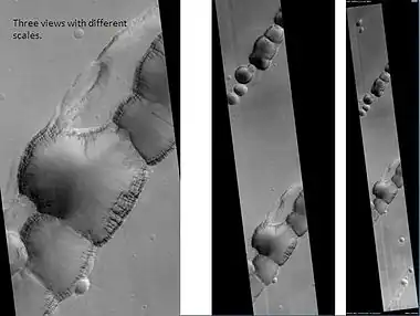 Tractus Catena, as seen by HiRISE.  Scale bar is 1,000 meters long.  Click on image for good view of dark slope streaks.