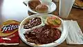 BBQ beef platter with baked beans and coleslaw