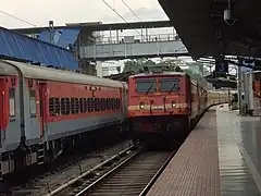 A red train, seen from the front