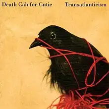 A picture of a crow with red thread in his mouth on a golden background. We can see the black words "Death Cab for Cutie" and "Transatlanticism" above the crow and the thread.