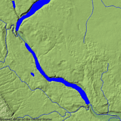 The Traverse Gap is the depressed spillway channel between Lake Traverse (top) and Big Stone Lake, cut through the Big Stone Moraine (NW to SE on this image).