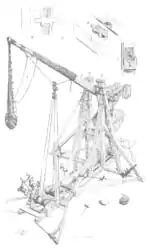 Modern drawing of a counterweight trebuchet being prepared for shooting