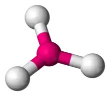 Skeletal model of a trigonal molecule with a central atom (tennessine) symmetrically bonded to three peripheral (fluorine) atoms