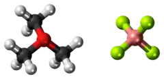 Ball-and-stick models of the component ions of trimethyloxonium tetrafluoroborate