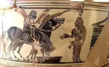 A picture on several pottery fragments. A youth rides one of two horses. He talks to a woman with a vase on her head. Behind the woman is some sort of structure. One of the horses is drinking from a bowl.