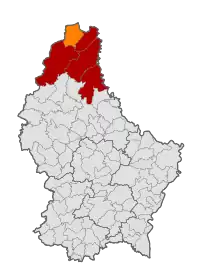 Map of Luxembourg with Troisvierges highlighted in orange, and the canton in dark red