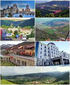 From top, left to right: Kecharis Monastery • Tsaghkadzor Olympic ComplexDowntown Tsaghkadzor • Tsaghkadzor skylineMariott Tsaghkadzor • Golden Palace HotelTsaghkadzor with Tsaghkunyats Mountains