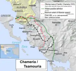 Approximate geographical outline of Chameria according to various views. In red, the Ottoman kaza of Çamlık. In black, the maximum extent of Albanian speech. In green, the more expansive version of the region's definition by R. Elsie.