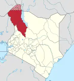 Location of Turkana County (red) including the disputed Elemi Triangle (diagonally striped red)