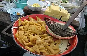 hnapyan gyaw - twice fried tofu at Shan Market in Mandalay