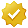 Gold-colored eight-lobed badge with checkmark icon