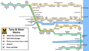 System map of the Tyne and Wear Metro network.